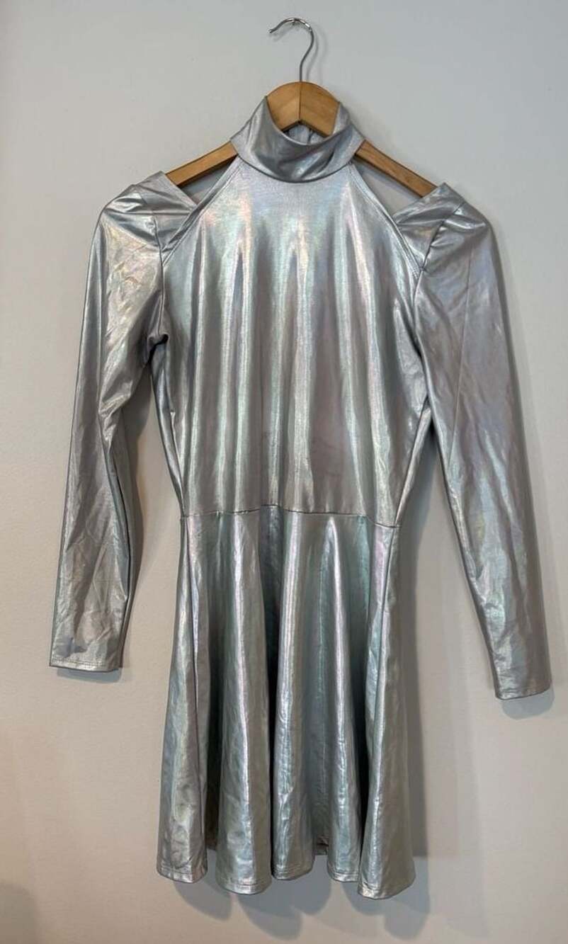 Metallic Silver Long Sleeve Mock Neck Cold Shoulder Dress
